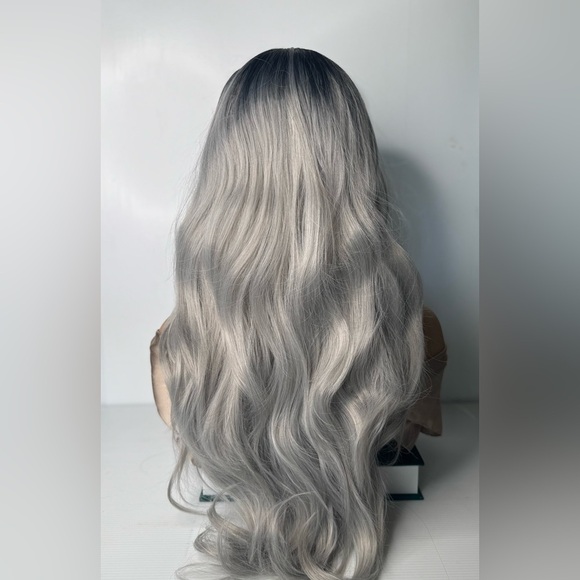 Balayage Gray - Dark Roots Wavy Front Closure Wig 30” - Picture 3 of 6